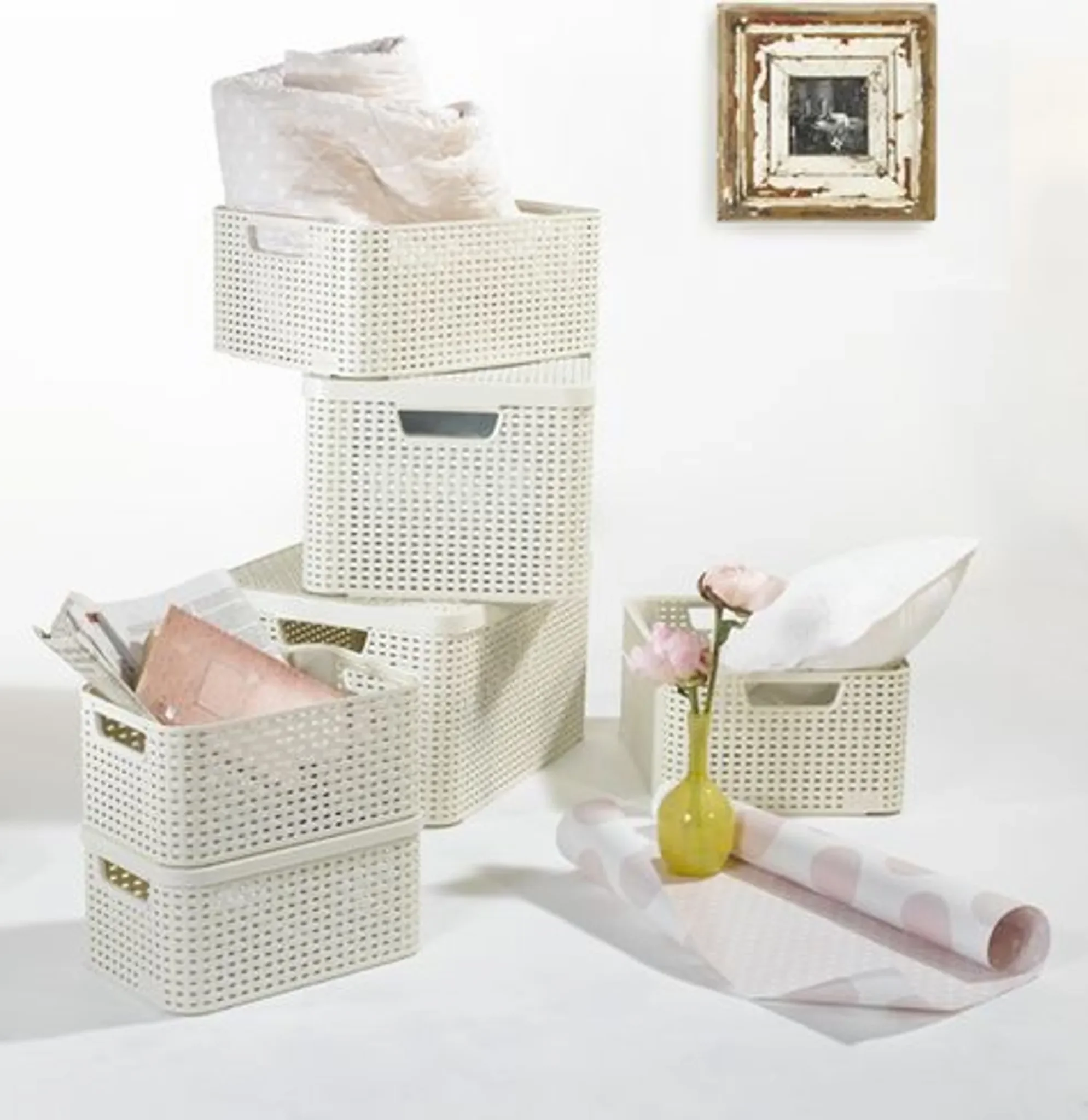 Aufbewahrungskorb STYLE2 S – Rattan-Optik, creme, ca. 28 × 19 × 13 cm